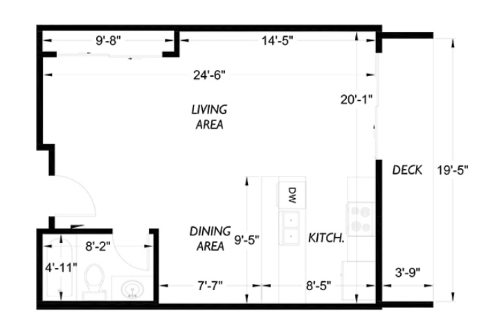 Floor plan for studio, 1 bath, 578 sqft